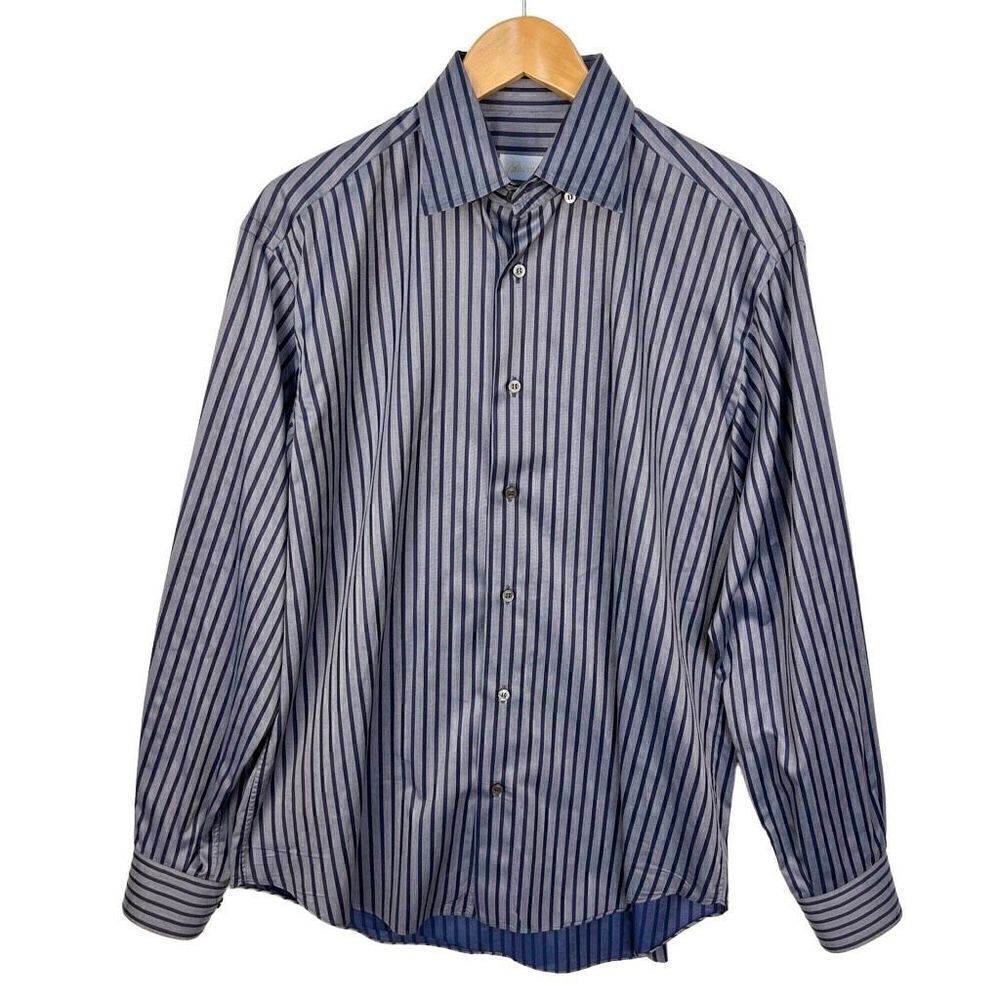 Brioni Dress Shirt Striped Button Down Long Sleeve Blue Cotton Men’s Size L